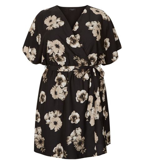 Curves Black Floral Print Wrap Dress | New Look