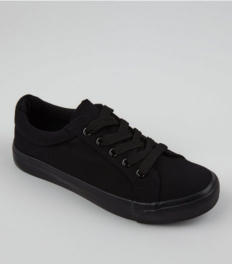 Teens Black Canvas Lace Up School Plimsolls | New Look