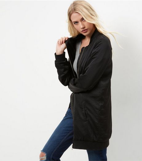 Tall Black Sateen Longline Bomber Jacket | New Look