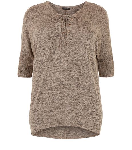 Curves Camel Lace Up 3/4 Sleeve Top | New Look
