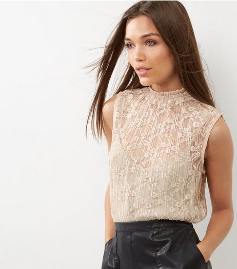 Cream Pleated Lace Funnel Neck Sleeveless Top | New Look