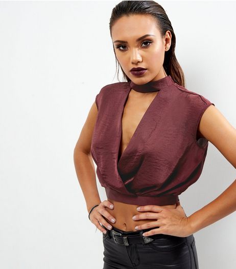 Dark Red Sateen Wrap Front Choker Neck Crop Top | New Look