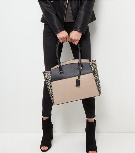 Brown Leopard Print Colour Block Tote Bag | New Look