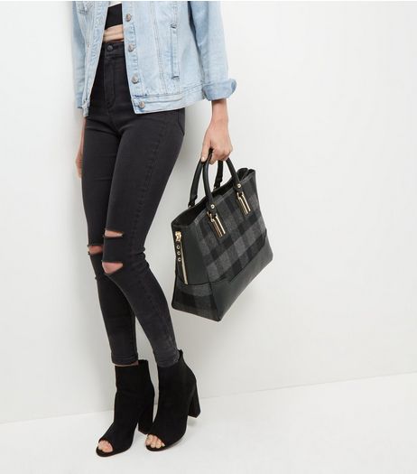 Black Check Panel Tote Bag | New Look