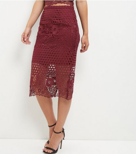 Burgundy Premium Circle Lace Pencil Skirt | New Look