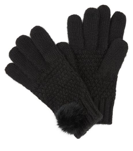 Black Faux Fur Pom Pom Gloves | New Look