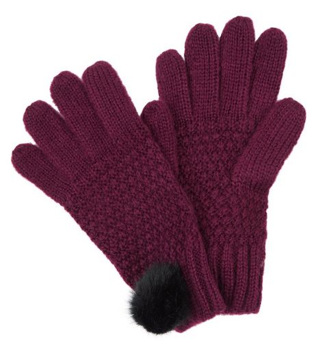 Burgundy Faux Fur Pom Pom Gloves | New Look