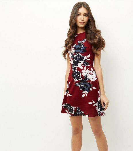 AX Paris Burgundy Floral Print Skater Dress | New Look