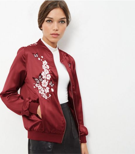 Blue Vanilla Dark Red Embroidered Bomber Jacket | New Look