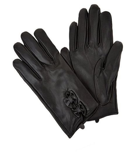 Black Leather Bow Detail Gloves | New Look