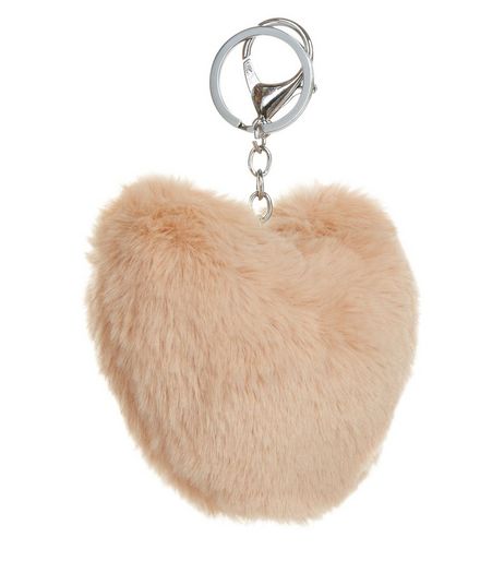 Pink Faux Fur Heart Pom Pom Keyring | New Look