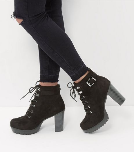 Wide Fit Black Suedette Buckle Strap Lace Up Boots | New Look