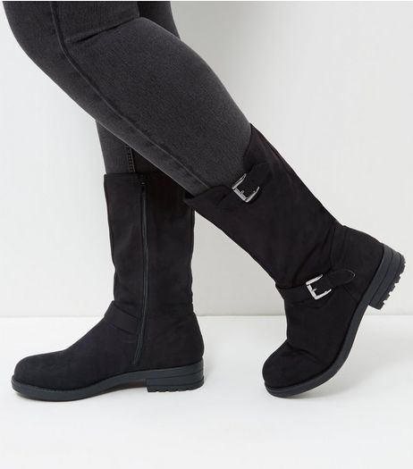 Wide Fit Black Suedette Buckle Strap Biker Boots | New Look