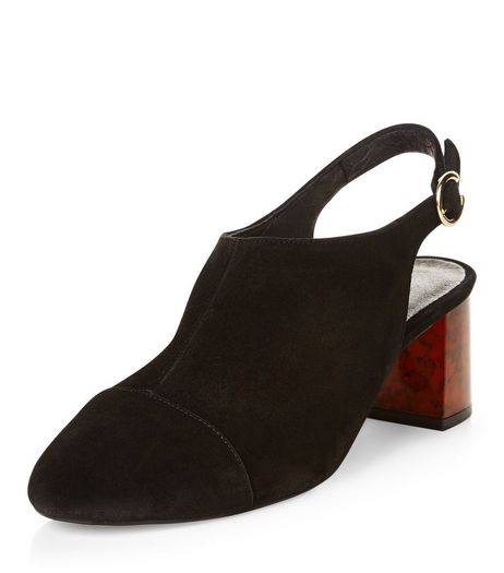 Black Premium Leather Sling Back Block Heels | New Look