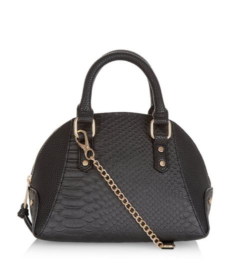 Black Snakeskin Texture Bowler Bag | New Look