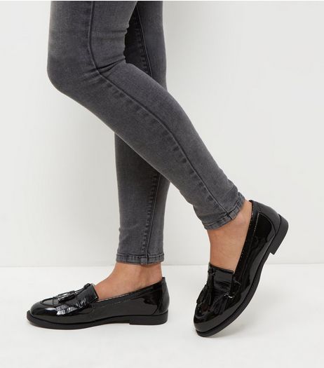 Black Patent Tassel Front Loafers | New Look