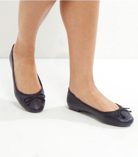Black Shimmer Bow Front Ballet Flats | New Look