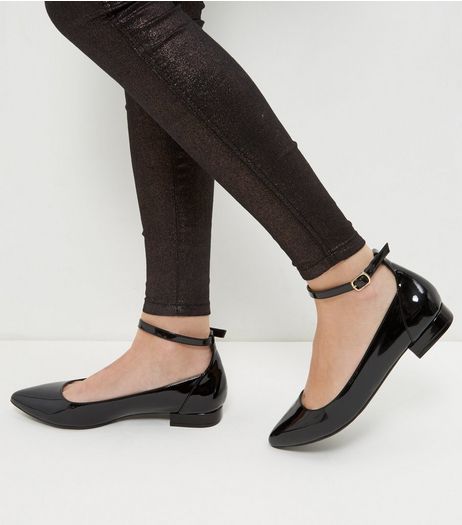 Wide Fit Black Patent Ankle Strap Pointed Pumps | New Look
