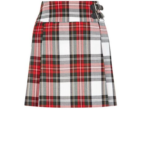 Teens White Tartan Check Buckle Side Skirt | New Look