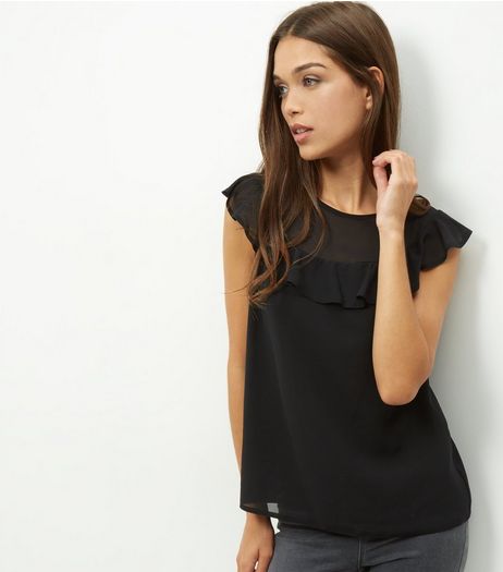 Black Chiffon Ruffle Trim Sleeveless Top | New Look
