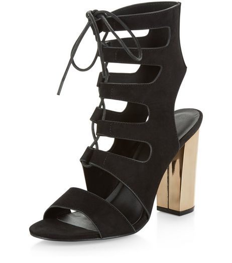 Black Suede Ghillie Metal Block Heels | New Look