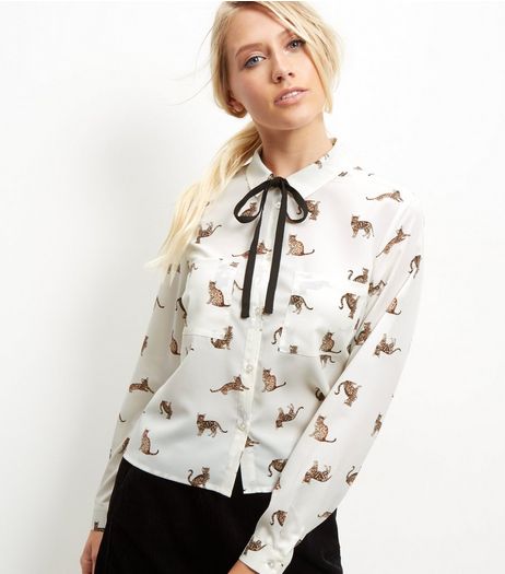 White Cat Print Tie Neck Cropped Shirt | New Look