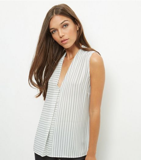 White Contrast Stripe V Neck Sleeveless Top | New Look
