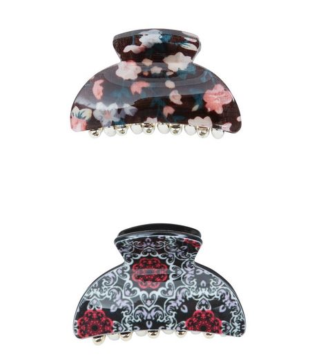 2 Pack Red Floral Print Bulldog Clips | New Look