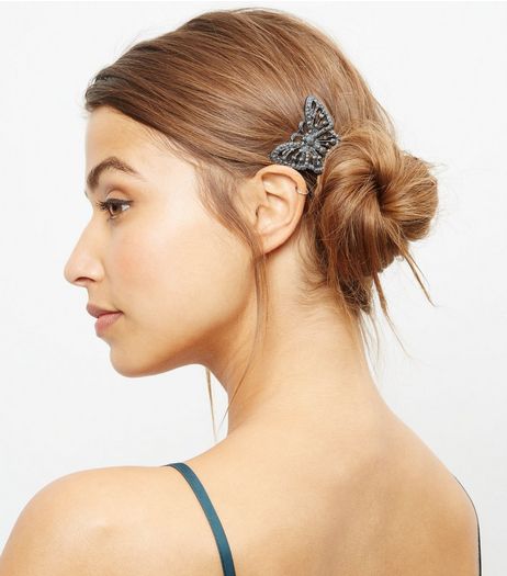 Dark Grey Butterfly Hair Brooch | New Look