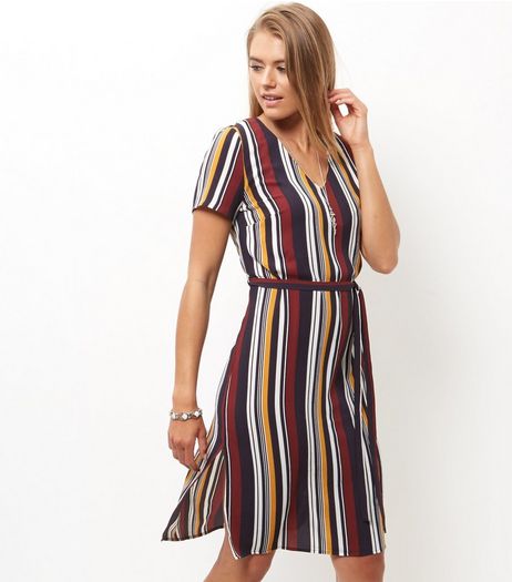 Blue Stripe Tie Waist Cap Sleeve Midi Dress | New Look