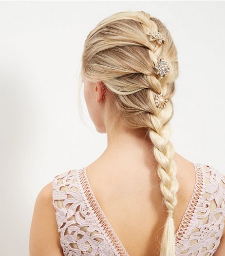 3 Pack Gold Diamante Filigree Flower Hair Brooches | New Look