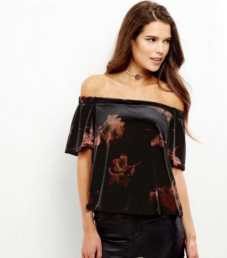 Black Velvet Floral Print Bardot Neck Top | New Look