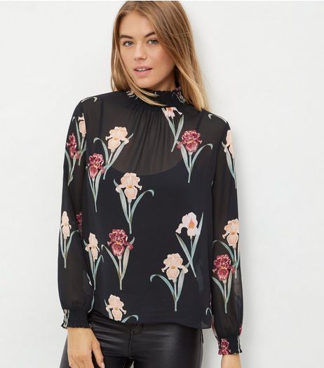 Black Floral Print Funnel Neck Top | New Look