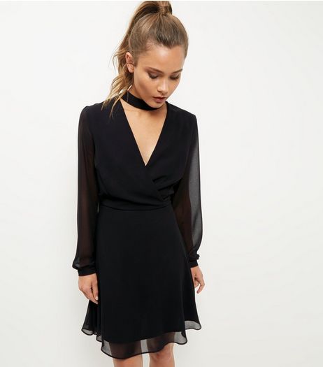 Black Choker Neck Chiffon Wrap Dress | New Look