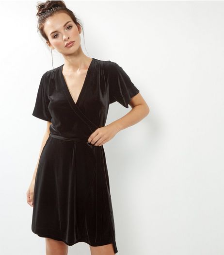 Black Velvet V Neck Wrap Front Dress | New Look