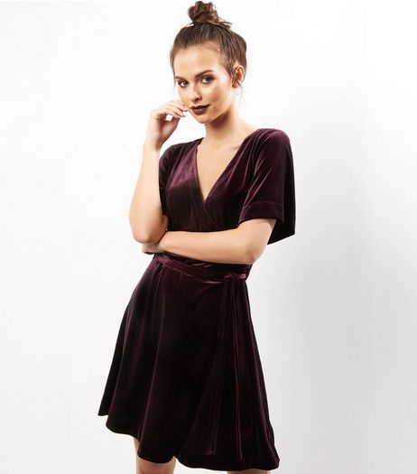Dark Purple Velvet Wrap Front Dress | New Look