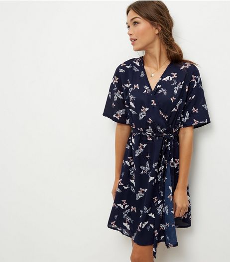 Blue Butterfly Print Wrap Dress | New Look
