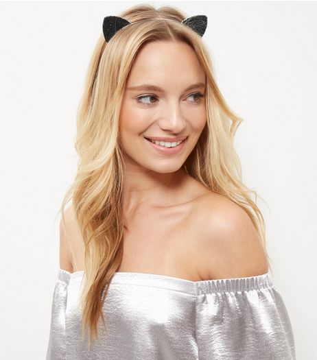 Black Glitter Cat Ear Headband | New Look