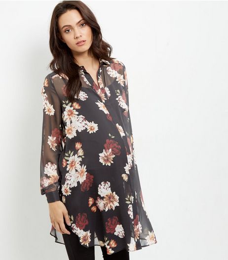 Maternity Black Floral Print Longline Shirt | New Look