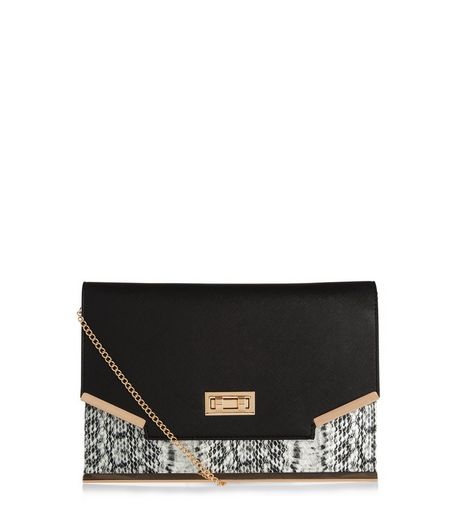 Black Snakeskin Print Panel Clutch Bag | New Look