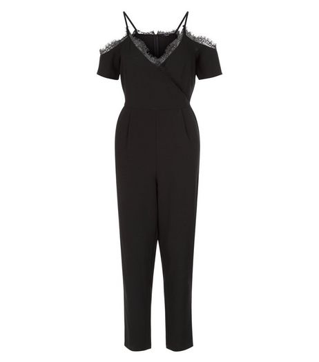 Petite Black Lace Trim Cold Shoulder Jumpsuit | New Look