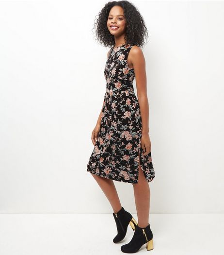 Black Floral Print Lattice Back Midi Dress | New Look