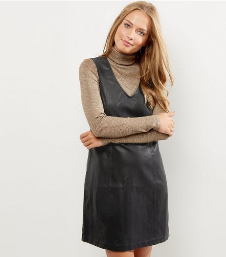 Black Leather-Look Shift Dress | New Look