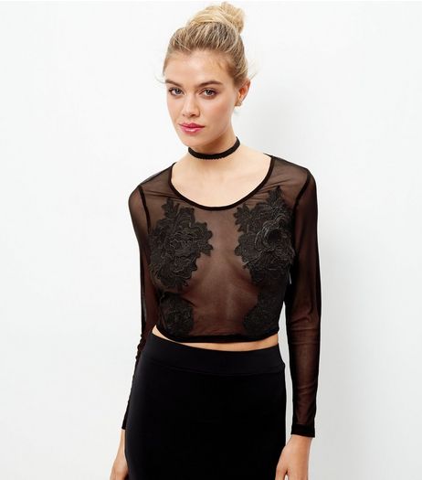 Black Sheer Embroidered Long Sleeve Crop Top | New Look