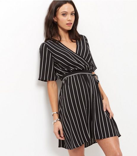 Monochrome Stripe Wrap Front Dress | New Look