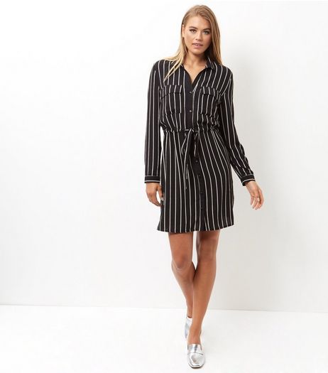 Black Stripe Double Pocket Tie Waist Skirt Dress | New Look
