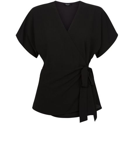 Petite Black Tie Side Wrap Top | New Look