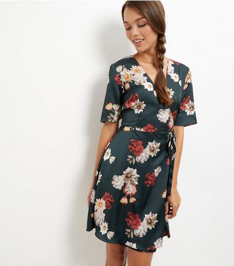 Green Floral Print Sateen Wrap Front Dress | New Look