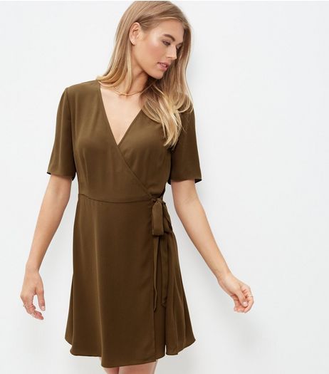 Olive Green Tie Side Wrap Front Dress | New Look