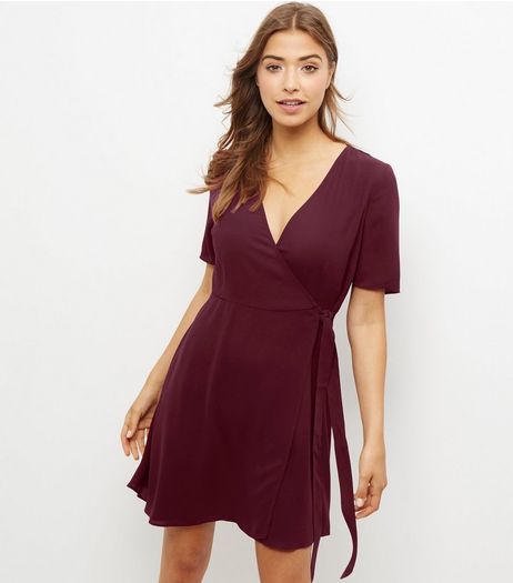 Burgundy Crepe Wrap Front Dress | New Look